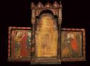 L'Annonciation et la Visitation encadrant autrefois la Vierge en Majesté tenant l'Enfant (volée en 1976). Retable. Cerdagne, première moitié du XIIIe siècle. Bois polychromé et peinture sur panneau. Angoustrine-Villeneuve-des-Escaldes, église Saint-André, actuellement conservé à l'Ile-sur-Têt, Centre d'art sacré (c) Conseil général 66 / CCRP / Michel Castillo