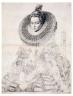 Jan Harmensz. Muller (1571-1627). Portrait de l'archiduchesse Isabella Clara Eugenia d'Autriche, vers 1615. D'après Peter Paul Rubens. Gravure au burin, premier état, corrections à la pierre noire et pinceau, encre brune