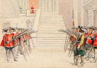 La garde de Richelieu lui rend les honneurs, estampe de Maurice Lenoir. 1910. © Paris - musée de l’Armée. Dist RMN-GP