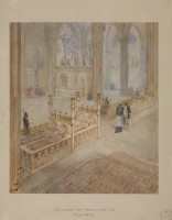 Viollet-le-Duc, Vue du transept sud de l'Abbaye royale de Saint-Denis, l'architecte discutant du projet de remise en place des tombeaux, vers 1861 (c) Ministère de la Culture - Médiathèque du Patrimoine, Dist. RMN-Grand Palais / Images RMN-GP