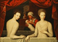 Anonyme (École de Fontainebleau), Portrait présumé de Gabrielle d’Estrées et la Duchesse de Villars au bain, fin du XVIème siècle. Huile sur toile. Montpellier, Musée Languedocien © Musée de la Société Archéologique, Montpellier, France / Giraudon / Bridgeman, Images BRIDGEMAN