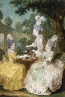 Carmontelle (1717-1806). Mme la Marquise de Montesson, Mme la Marquise du Crest et Mme la Comtesse de Damas prenant le thé dans un jardin (c) Musée Carnavalet / Roger-Viollet