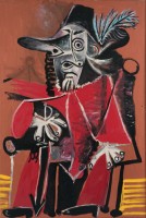 Pablo Picasso, Mousquetaire assis tenant une épée, 19 juillet 1969, Huile sur toile, 195 x 130 cm, Collection particulère © Succession Picasso 2015 / photo Béatrice Hatala