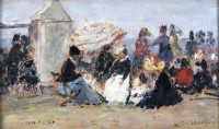 Boudin, Eugène-Louis (1824-1898), Scène de plage à Trouville. Huile sur panneau. Collection particulière. Courtesy Galerie de la Présidence, Paris © Galerie de la Présidence, Paris