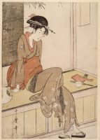 Kitagawa Utamaro (1753-1806) Jeune femme prenant le frais sur une véranda Époque d’Edo (1603-1868) Impression polychrome, 35 x 24,4 cm Paris, musée national des arts asiatiques – Guimet, legs Isaac de Camondo, 1912 © RMN-Grand Palais (musée Guimet, Paris) / Thierry Ollivier