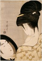 Kitagawa Utamaro (1753-1806) Femme se poudrant le cou Époque d’Edo, 1795-1796 Impression polychrome, 36,9 x 25,4 cm Cachet de l’éditeur Ise Mago Paris, musée national des arts asiatiques – Guimet, don C. Salouray, 1894 © RMN-Grand Palais (musée Guimet, Paris) / Droits réservésv