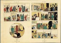 Hergé. Les Aventures de Tintin, L’Oreille cassée, 1956. Bleu de coloriage des planches 1 et 62, aquarelle et gouache sur épreuve imprimée, 29,7 x 21 cm. Collection Studios Hergé © Hergé/Moulinsart 2016