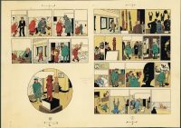 Hergé. Les Aventures de Tintin, L’Oreille cassée, 1956. Bleu de coloriage des planches 1 et 62, aquarelle et gouache sur épreuve imprimée, 29,7 x 21 cm. Collection Studios Hergé © Hergé/Moulinsart 2016