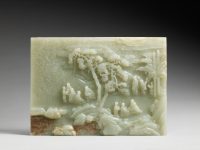 Écran de table : les sept sages de la forêt de bambous Gravé au verso d’un poème impérial Chine Dynastie Qing, règne de Qianlong (1736-1795) Jade MNAAG, Paris, ancien fonds, MG 2401 © RMN-Grand Palais (musée Guimet, Paris) / Thierry Ollivier