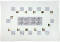 Nappe pour 12 couverts, 2016 Ghislaine Portalis Atelier national conservatoire de la dentelle du Puy, 2,70 x 1,60 4 couleurs, dentelle en incrustation sur toile de lin, 2774 heures de tissage Atelier national du point d’Alençon, 12 livrets de 12 x 15 cm 52 couleurs, 1711 heures de tissage