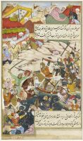 Prem Gujarâtî Le combat de Bâbur et de Sultan Ahmad Tambal pour la reconquête d’Andijan. Page d’un manuscrit du Bâbur-nâmaEcole mogholeVers 1589Gouache et or sur papierMNAAG. 
