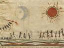 Cape dite 'aux trois villages', larges bordures verticales, au centre un soleil et une lune, à droite représentation d'une cérémonie, à gauche une scène de bataille - (c) musée du quai Branly, photo: Patrick Gries