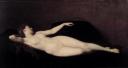 Jean-Jacques HENNER, Femme couchée dite La Femme au divan noir, 1869. Oeuvre louée par Zola, soutient la comparaison avec les nus de Courbet, Manet et Renoir de la même période. Elle est précédée de La Toilette, exposée au Salon de 1868, tant critiquée qu'Henner la détruit. Manet la considérait pourtant comme son meilleur tableau. Huile sur toile, 93 x 180 cm - (c) Musée des Beaux-Arts de Mulhouse, Collection Société Industrielle de Mulhouse, Photo: C. Kemps