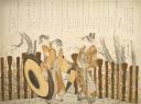 Courtisane (oiran) et ses deux suivantes (shinzô) admirant les cerisiers en fleurs à Nakanochô, vers 1796-97. Impression polychrome et impression à sec. Signature: Hokusai Sôri ga. Legs Isaac de Camondo, 1911 (c) musée Guimet / Thierry Ollivier